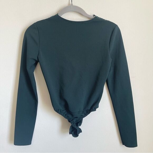PrettyLittleThing Emerald Green Lace Up Long Sleeve Thong Bodysuit Size 4 - Picture 8 of 9
